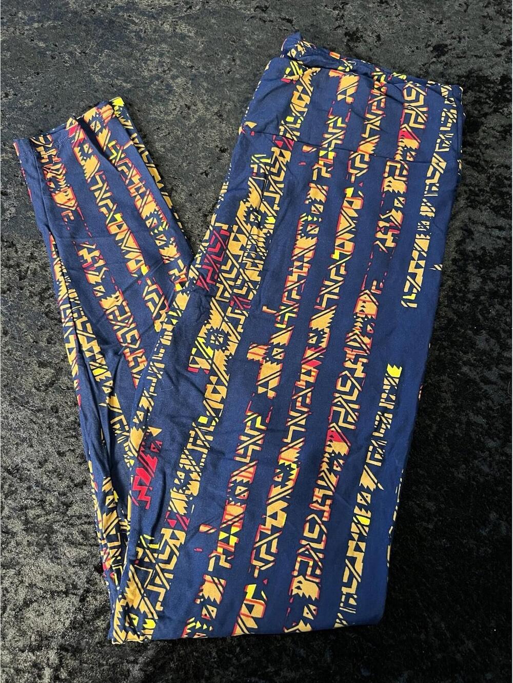 LuLaRoe Leggings Tall & Curvy TC Navy Blue Tan Yellow Red Striped High Rise NWOT